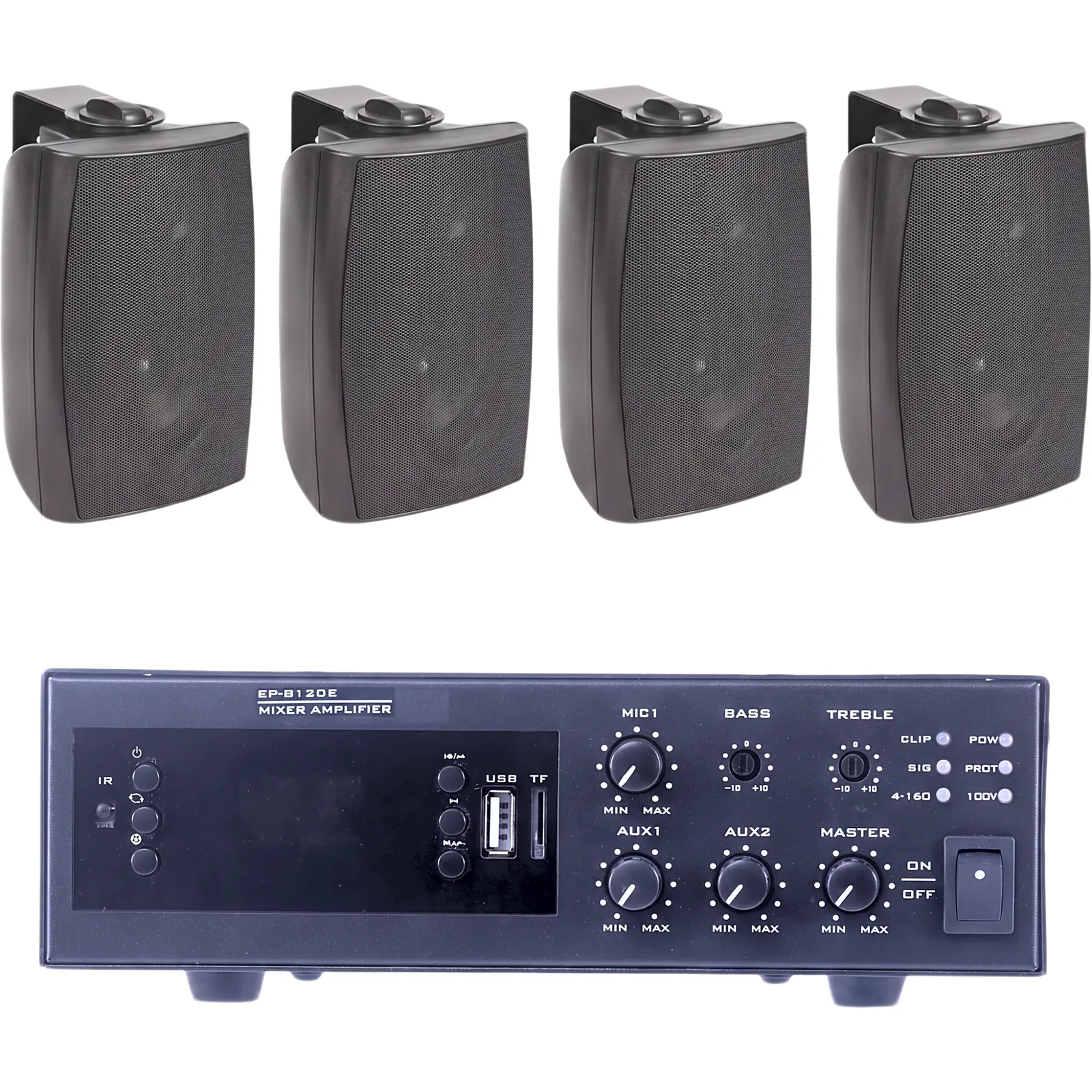 KIT de Amplificador de 120W para Escritorio | 4 Altavoces de Pared color Negro 2.5W - 20W | Sistema 70/100V