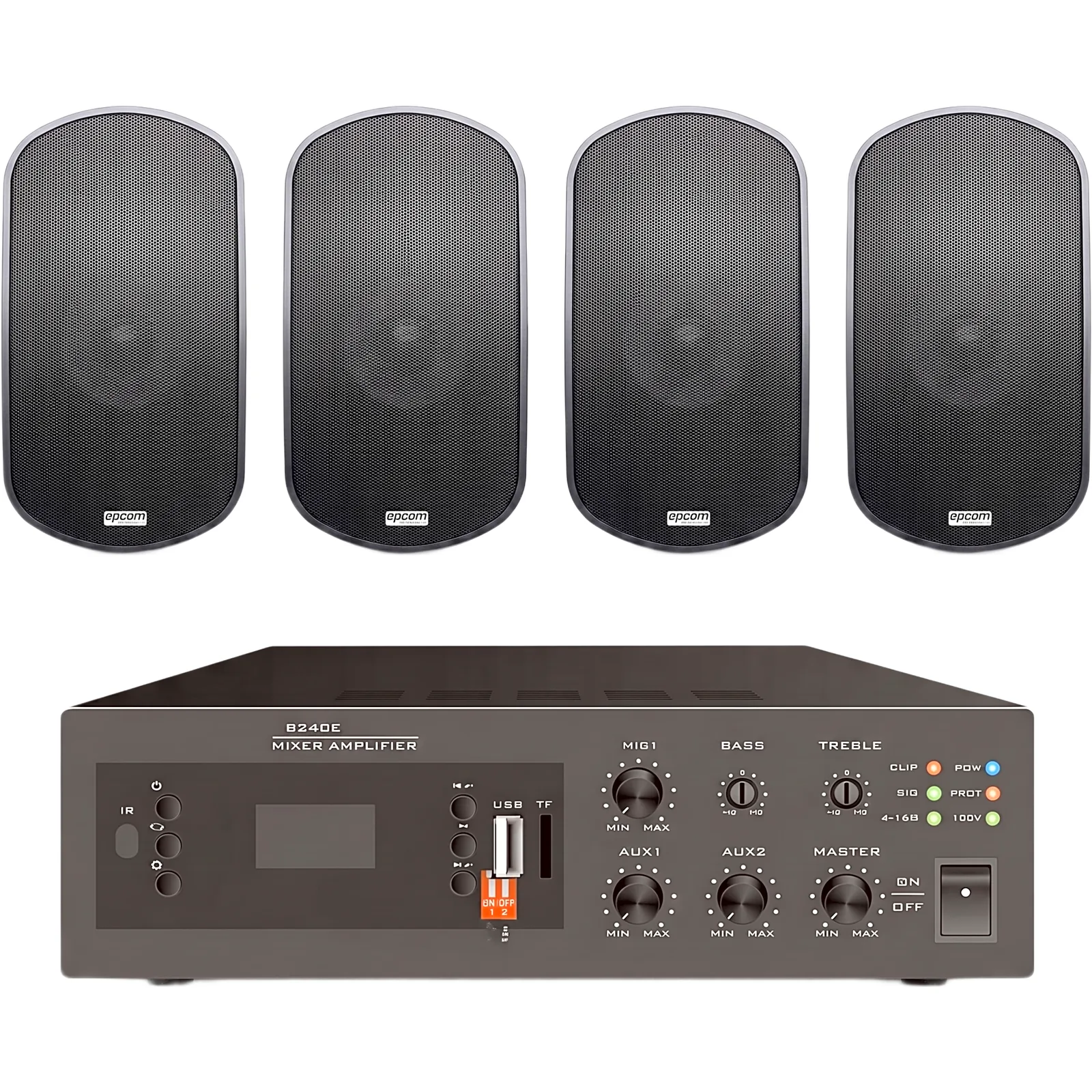 KIT de Amplificador de 240W para Escritorio | 4 Altavoces de Pared color Negro 3W - 50W | Sistema 70/100V