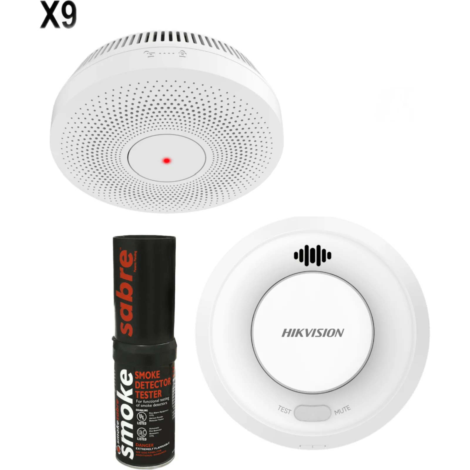 Kit de Detección de Humo HikFire / 9 Detectores Interlink HF-S3E-R + 1 Hub Wi-Fi HF-SG3-WF/R / Interconectable 30 Dispositivos / Hik-Connect / Probador SABRE Incluido / Batería 10 Años / Alarma 85 dB