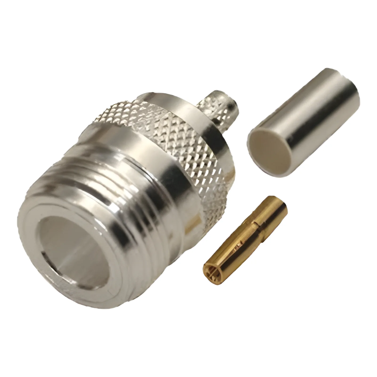 Conector N Hembra, de Anillo Plegable para Cables LMR-240, RG-8/X, 9258, Niquel/Oro/Teflón.