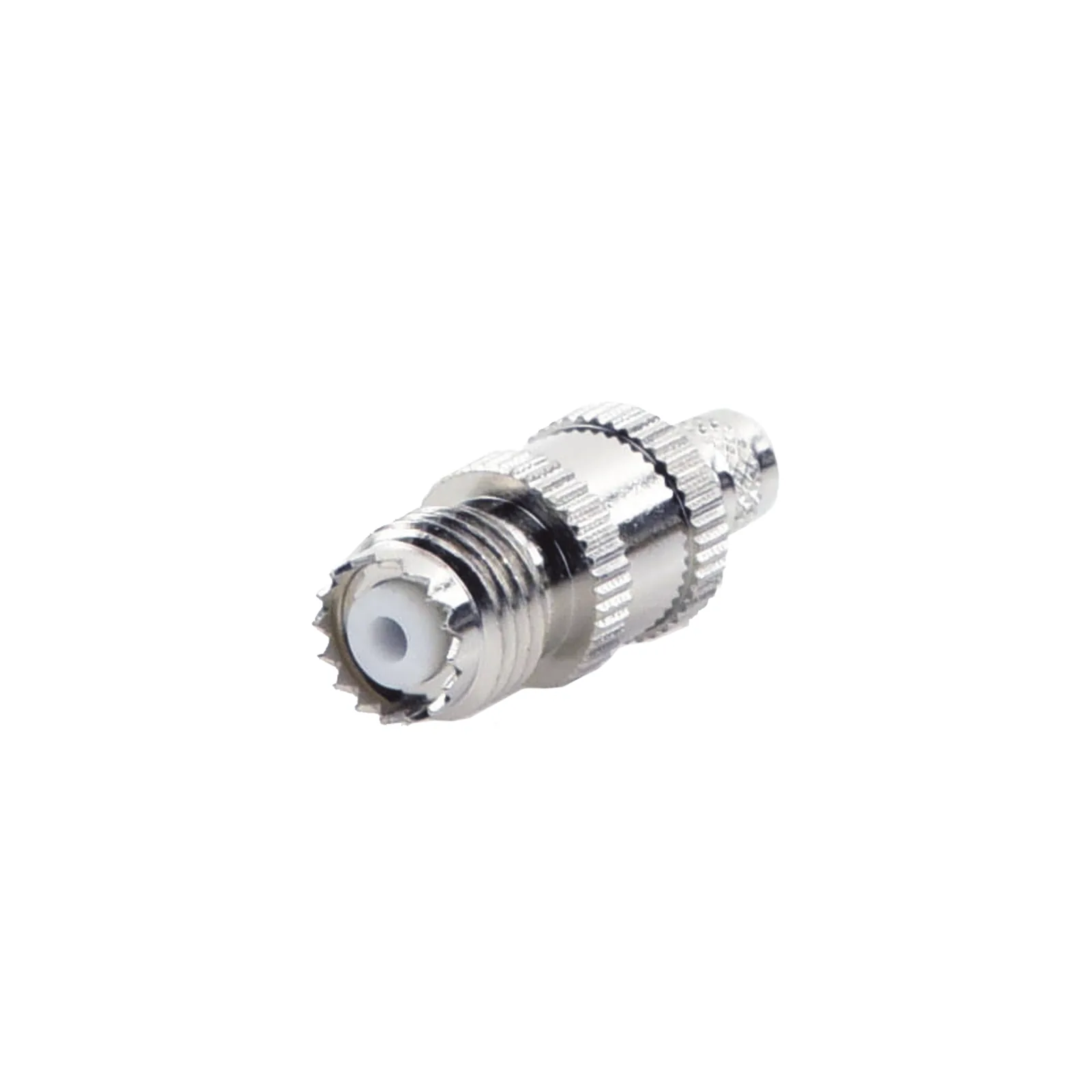 Conector Mini-UHF Hembra en Línea, de Anillo Plegable para Cable Coaxial RG-8/X, 9258, LMR-240, Níquel/ Plata/ Teflón.
