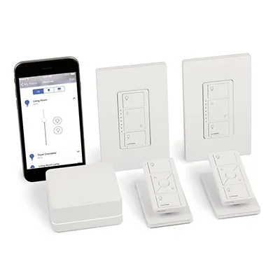 Kit de inicio de iluminación inteligente con hub Smart Bridge, 2 atenuadores de pared sin neutro, 2 controles Pico con pedestal de mesa y 2 placas, Caseta Wireless