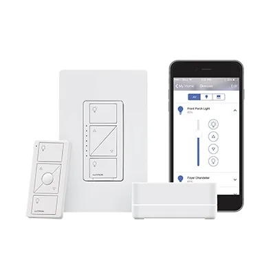 Kit de inicio Caseta Wireless con hub Smart Bridge Pro, atenuador de pared de 120 V, control remoto Pico y placa Claro, compatible con Apple HomeKit, Alexa y Google Assistant