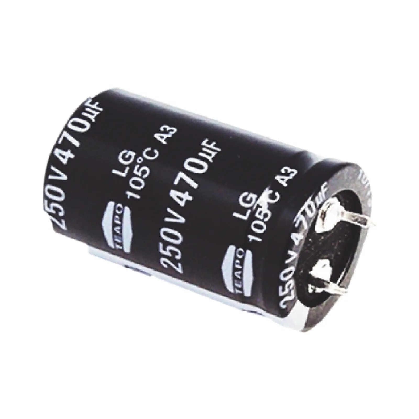 Capacitor Electrolítico de Aluminio, Radial de 470 µFd, 250 Vcc, 105 °C, 25 x 40 mm.