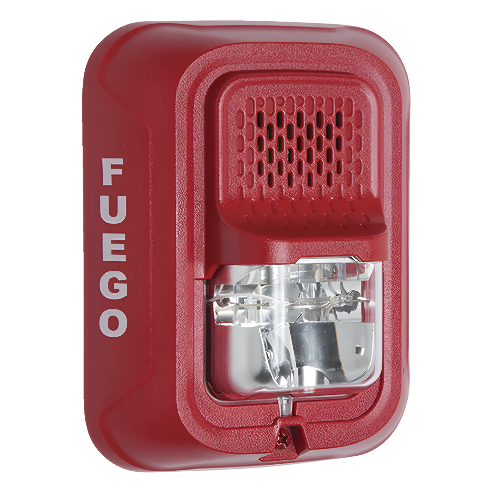 Sirena con lámpara estroboscópica de 2 hilos para pared, color rojo, leyenda FUEGO, candela seleccionable en campo