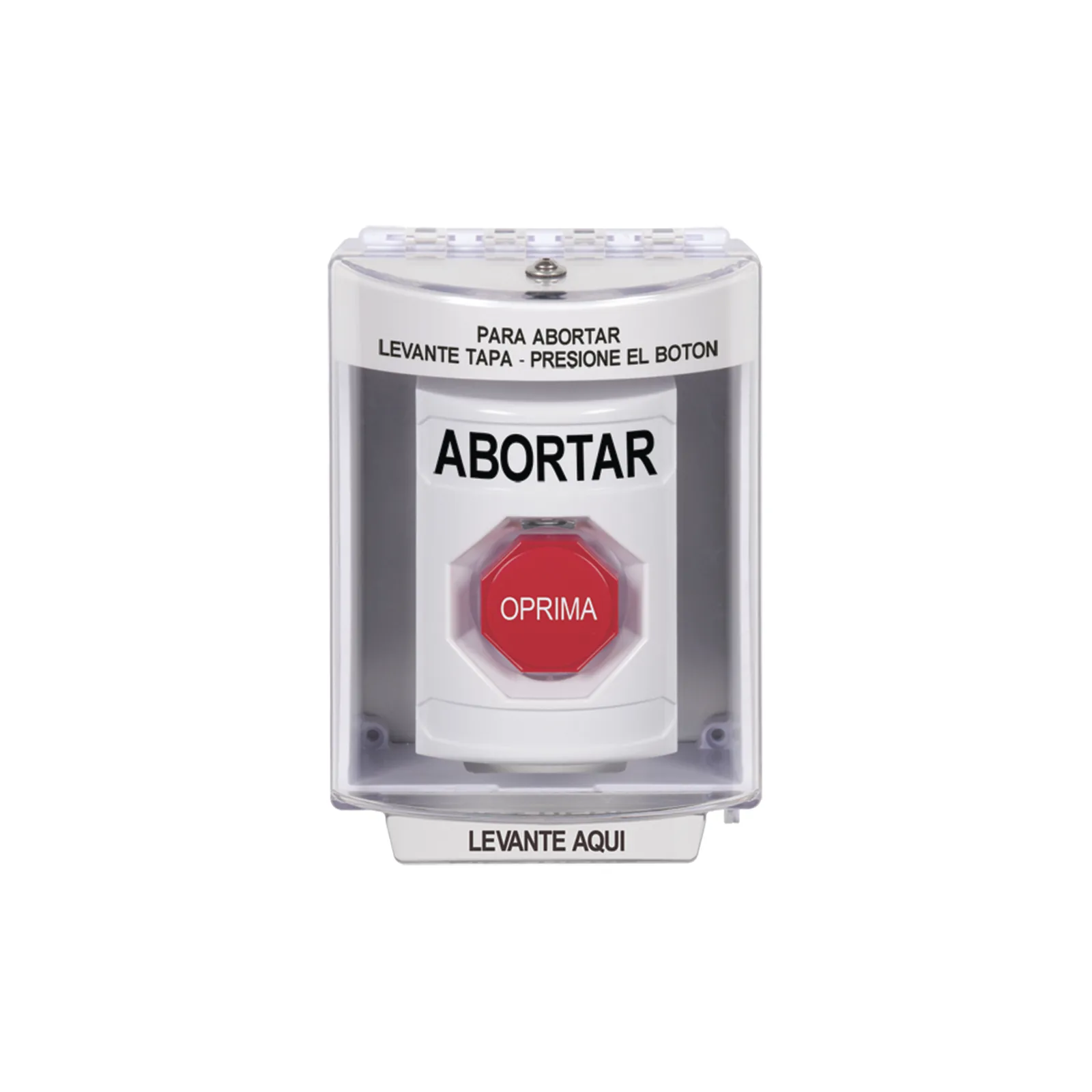 Botón de Abortar, Bocina de Advertencia Integrada, Texto en Español, Tapa Protectora de Policarbonato Súper Resistente con Espaciador, Restablecimiento con Llave