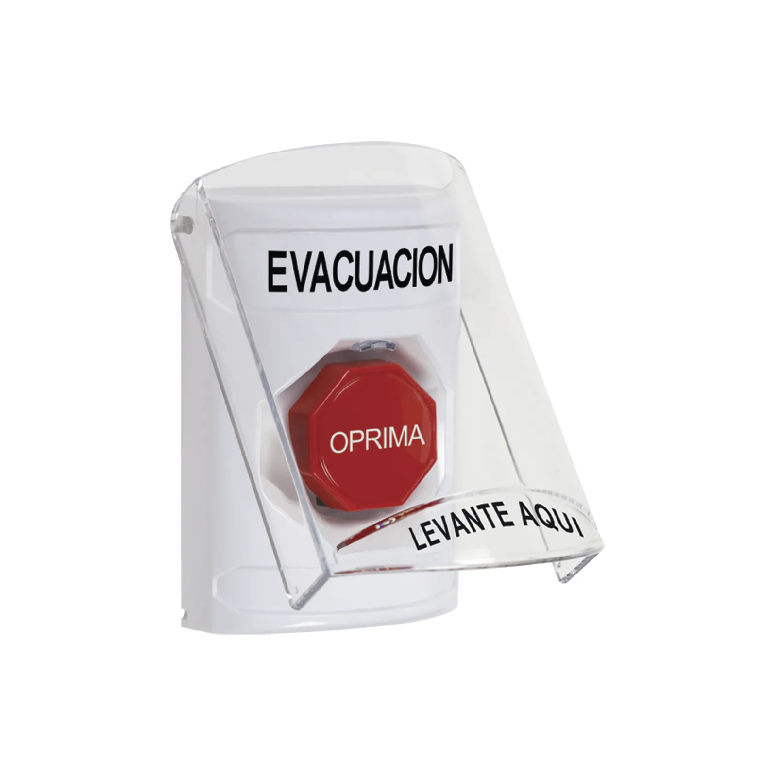 Botón de Evacuación, Texto en Español, Tapa Protectora de Policarbonato Súper Resistente, Restablecimiento con Llave